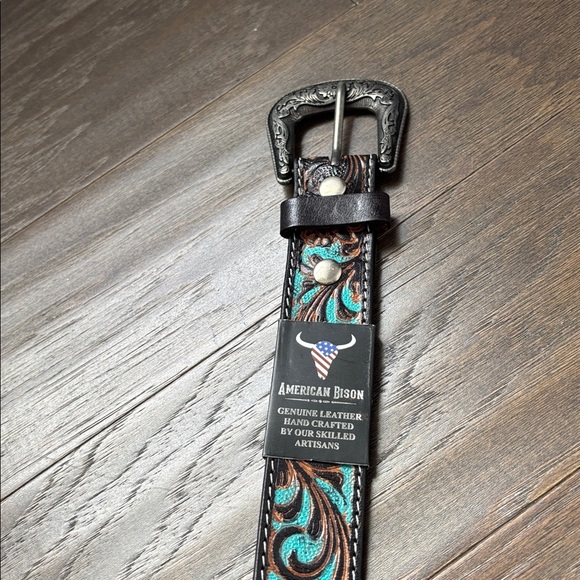American Bison Genuine Leather,tooled floral,turquoise accents,silvertone buckle main image 8